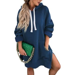 imagePRETTYGARDEN Oversized Sweatshirt for Women 2025 Fall Pullover Casual Long Sleeve Split Hem Hoodie Dress With Kangaroo PocketBlue