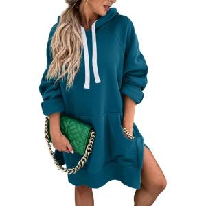 imagePRETTYGARDEN Oversized Sweatshirt for Women 2025 Fall Pullover Casual Long Sleeve Split Hem Hoodie Dress With Kangaroo PocketLake Blue