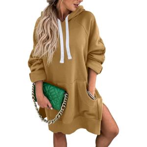 imagePRETTYGARDEN Oversized Sweatshirt for Women 2025 Fall Pullover Casual Long Sleeve Split Hem Hoodie Dress With Kangaroo PocketLight Khaki