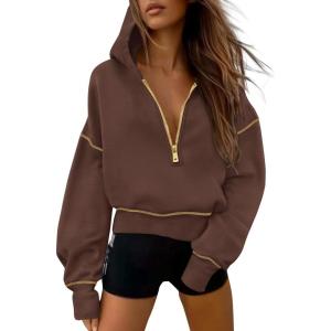 imagePRETTYGARDEN Womens 2025 Fall Hooded Sweatshirts Long Sleeve Half Zip Cropped Hoodies Pullover Winter Fashion ClothesBrown Coffee