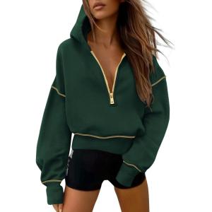 imagePRETTYGARDEN Womens 2025 Fall Hooded Sweatshirts Long Sleeve Half Zip Cropped Hoodies Pullover Winter Fashion ClothesDark Green