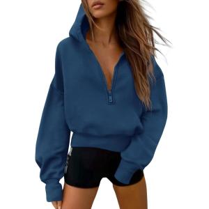 imagePRETTYGARDEN Womens 2025 Fall Hooded Sweatshirts Long Sleeve Half Zip Cropped Hoodies Pullover Winter Fashion ClothesStyle 3dark Blue