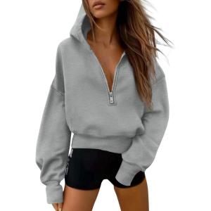 imagePRETTYGARDEN Womens 2025 Fall Hooded Sweatshirts Long Sleeve Half Zip Cropped Hoodies Pullover Winter Fashion ClothesStyle 3grey