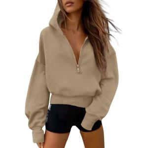 imagePRETTYGARDEN Womens 2025 Fall Hooded Sweatshirts Long Sleeve Half Zip Cropped Hoodies Pullover Winter Fashion ClothesStyle 3khaki