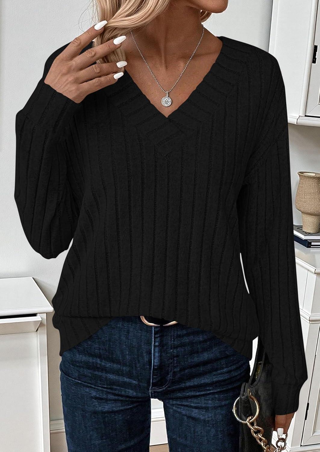 imagePRETTYGARDEN Fall Fashion 2025 Long Sleeve Shirts for Women Ribbed Knit V Neck Dressy Casual Lightweight Sweaters Tunic TopsBlack