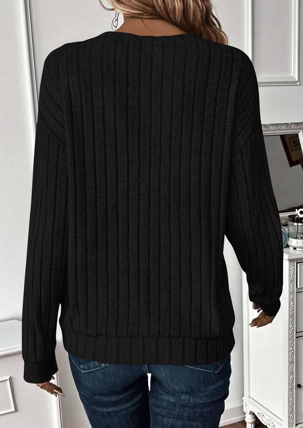 imagePRETTYGARDEN Fall Fashion 2025 Long Sleeve Shirts for Women Ribbed Knit V Neck Dressy Casual Lightweight Sweaters Tunic TopsBlack