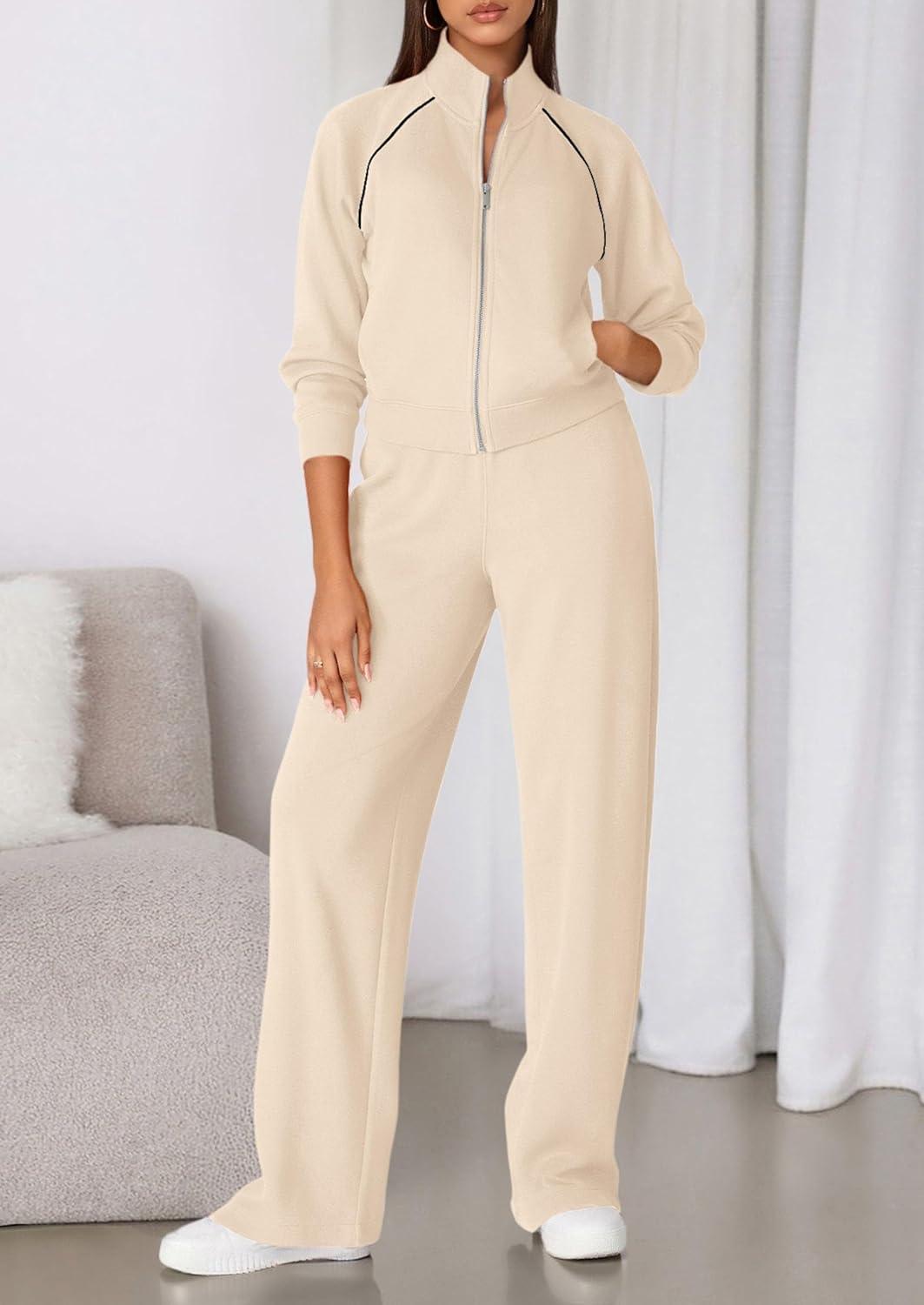 imagePRETTYGARDEN Womens 2 Piece Outfits Sweatsuits 2025 Fall Full Zip Sweatshirts Workout Pants Matching Lounge Sets TracksuitsBeige