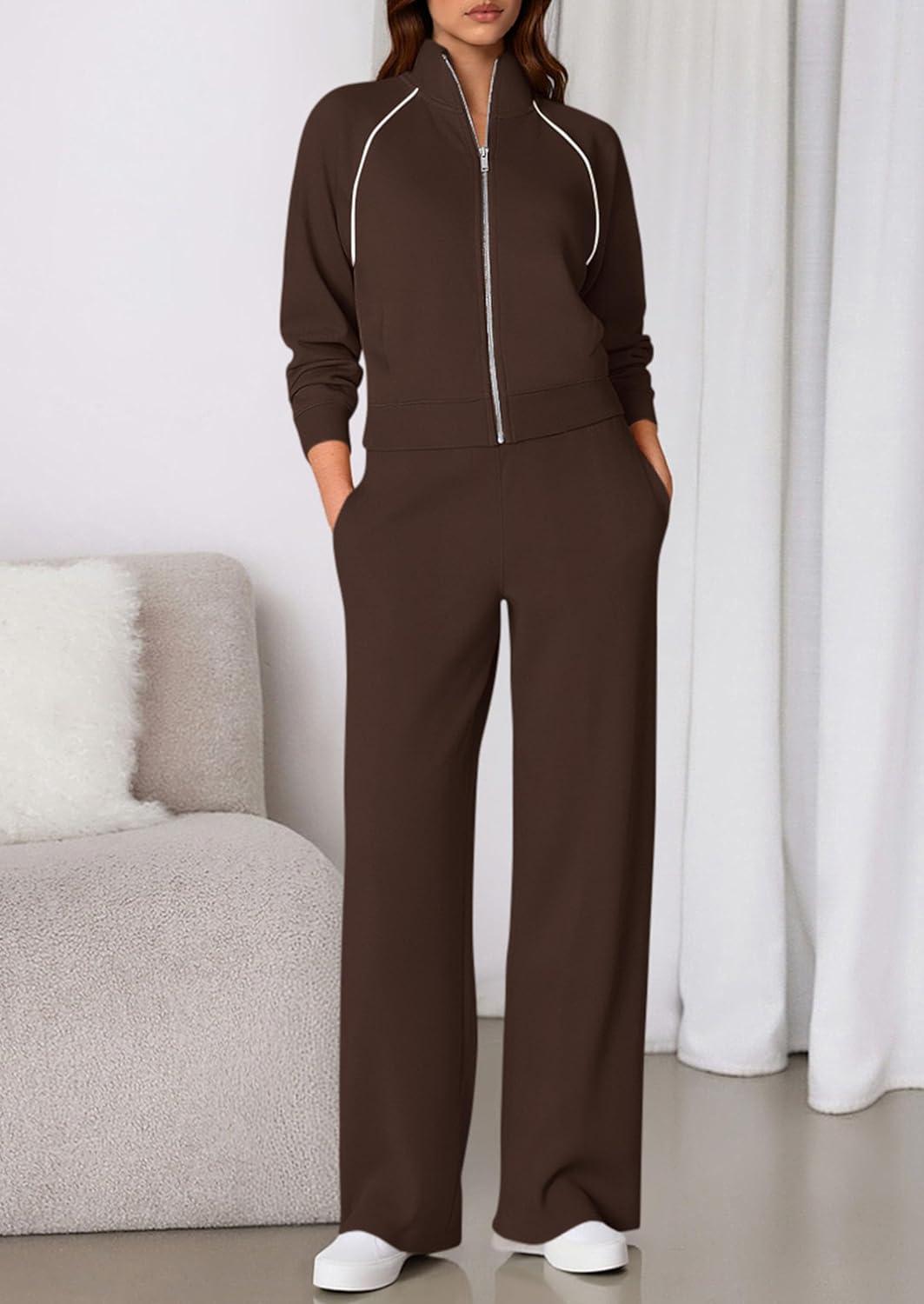 imagePRETTYGARDEN Womens 2 Piece Outfits Sweatsuits 2025 Fall Full Zip Sweatshirts Workout Pants Matching Lounge Sets TracksuitsBrown