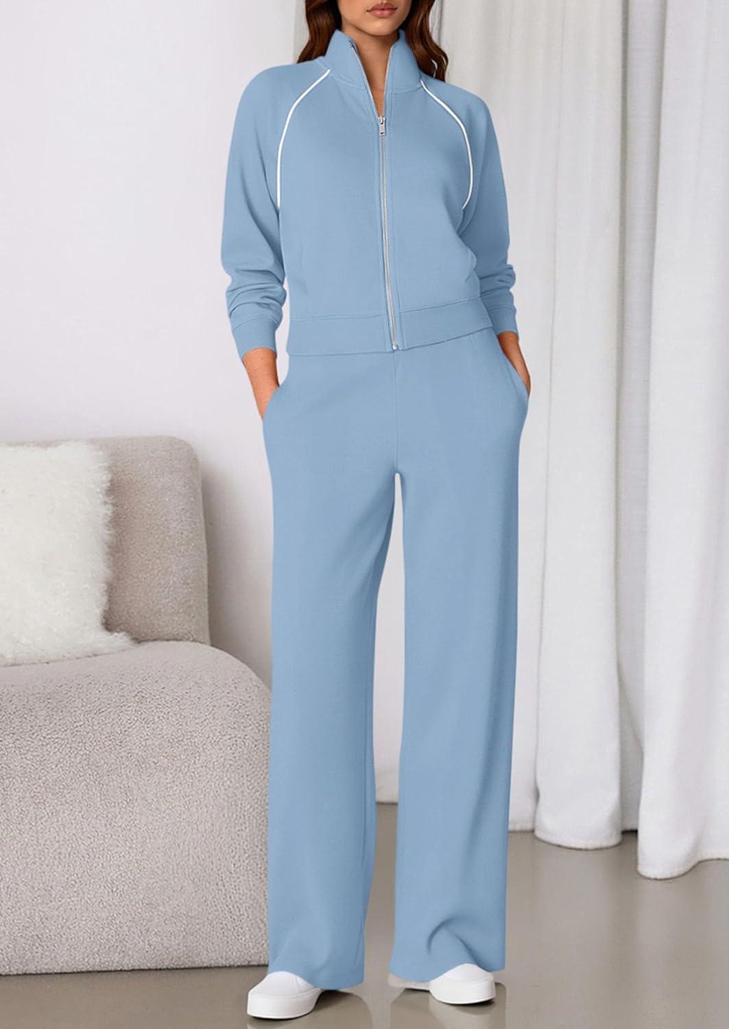 imagePRETTYGARDEN Womens 2 Piece Outfits Sweatsuits 2025 Fall Full Zip Sweatshirts Workout Pants Matching Lounge Sets TracksuitsLight Blue