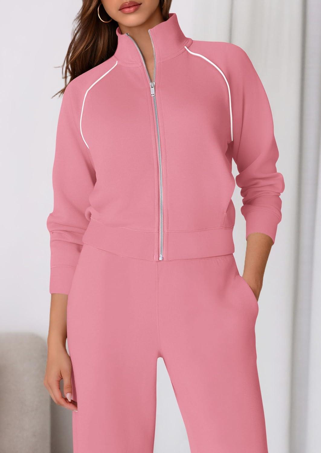 imagePRETTYGARDEN Womens 2 Piece Outfits Sweatsuits 2025 Fall Full Zip Sweatshirts Workout Pants Matching Lounge Sets TracksuitsPink