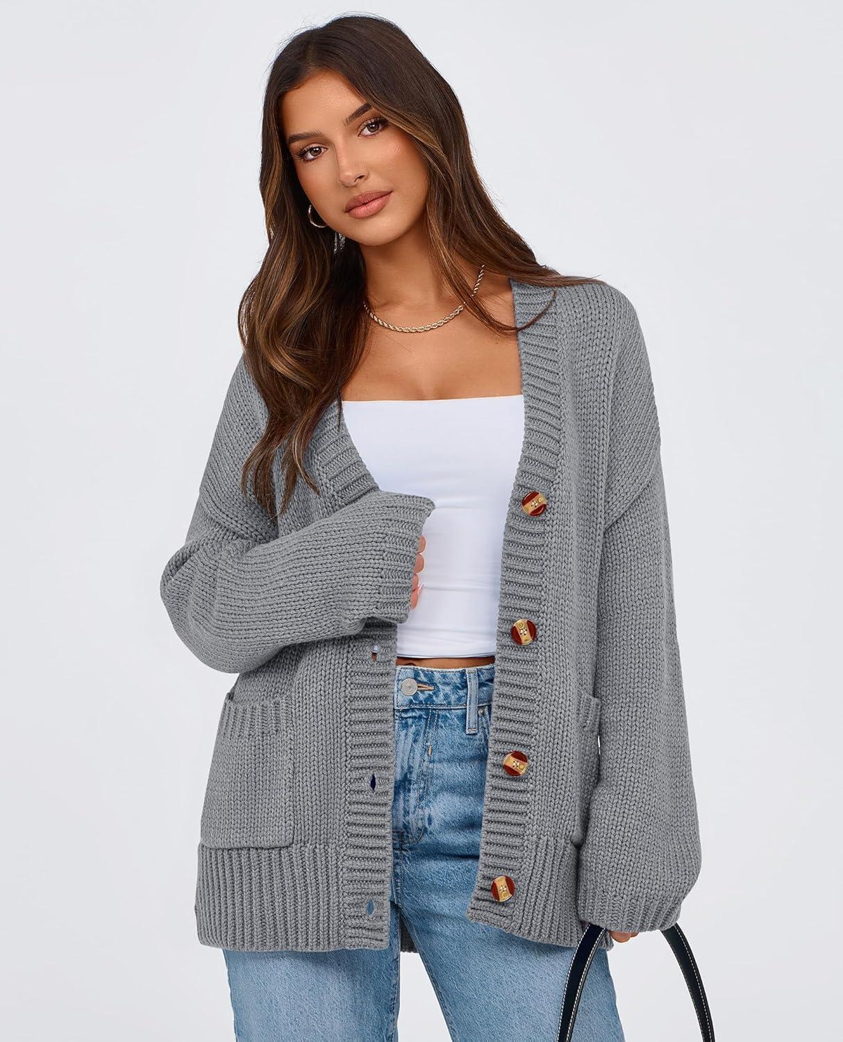 imagePRETTYGARDEN Womens 2025 Fall Cardigan Sweaters Long Sleeve Open Front Button Up V Neck Knit Winter Fashion ClothesGrey