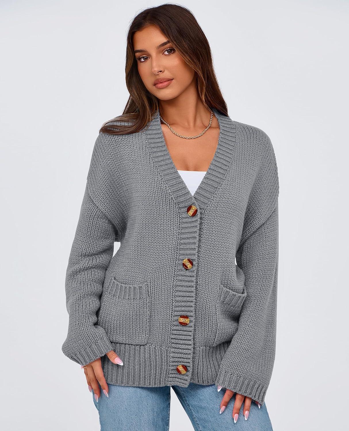 imagePRETTYGARDEN Womens 2025 Fall Cardigan Sweaters Long Sleeve Open Front Button Up V Neck Knit Winter Fashion ClothesGrey
