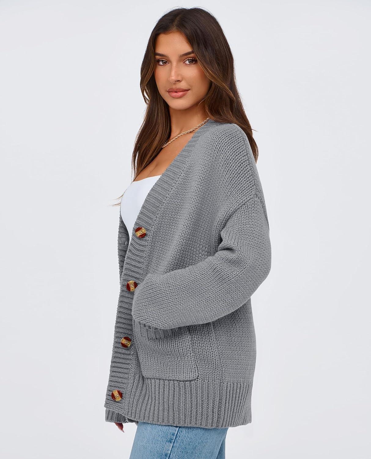 imagePRETTYGARDEN Womens 2025 Fall Cardigan Sweaters Long Sleeve Open Front Button Up V Neck Knit Winter Fashion ClothesGrey