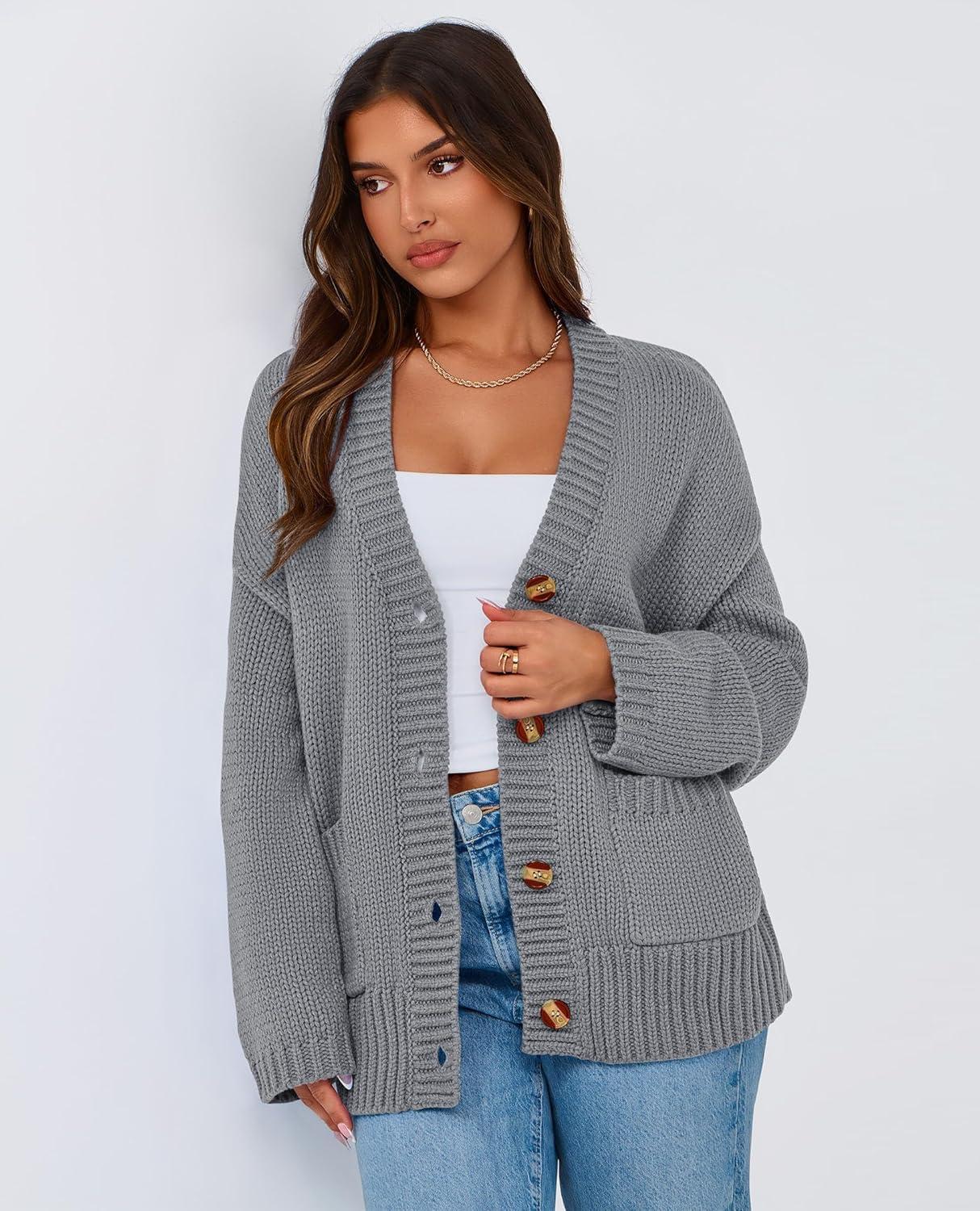imagePRETTYGARDEN Womens 2025 Fall Cardigan Sweaters Long Sleeve Open Front Button Up V Neck Knit Winter Fashion ClothesGrey