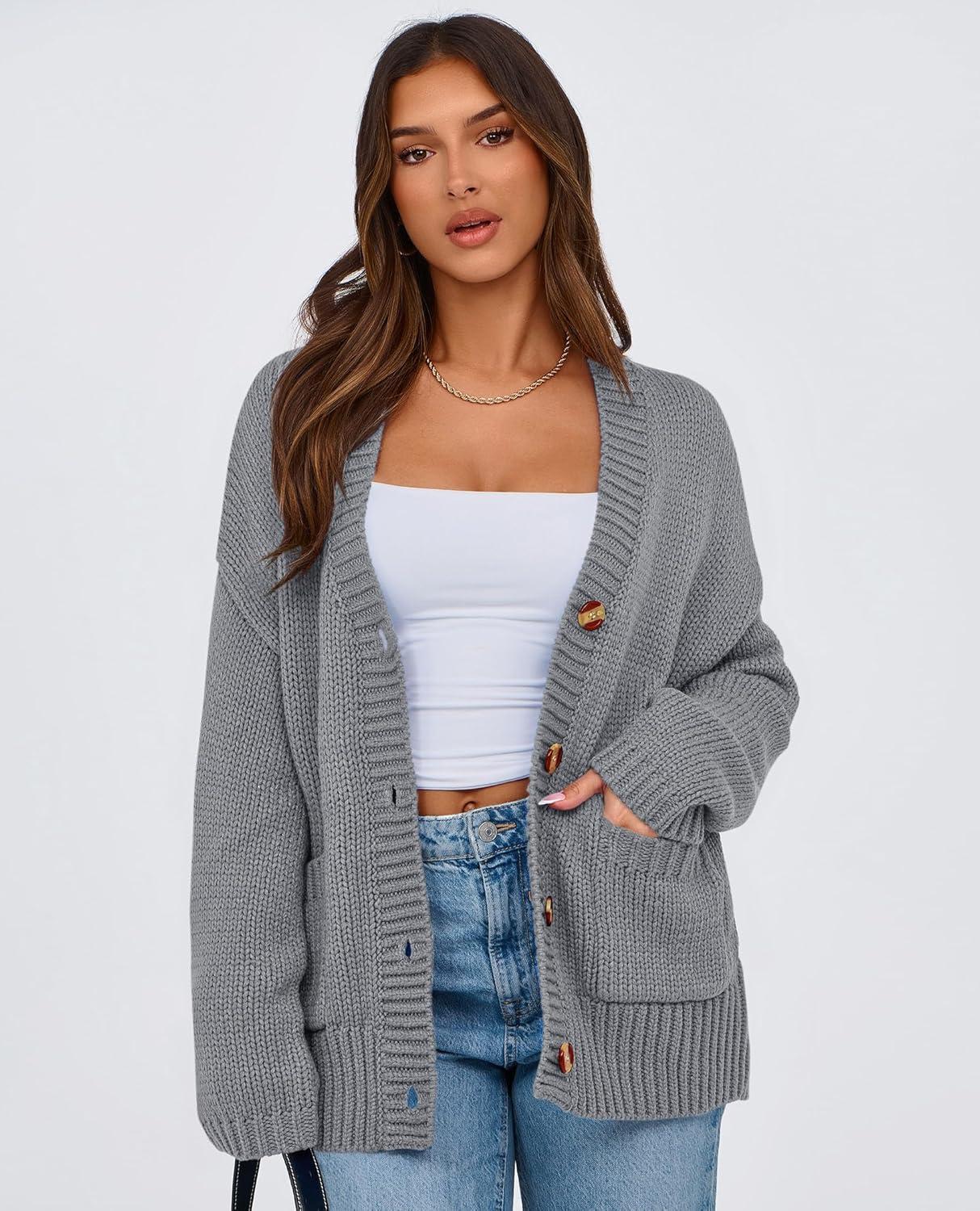 imagePRETTYGARDEN Womens 2025 Fall Cardigan Sweaters Long Sleeve Open Front Button Up V Neck Knit Winter Fashion ClothesGrey
