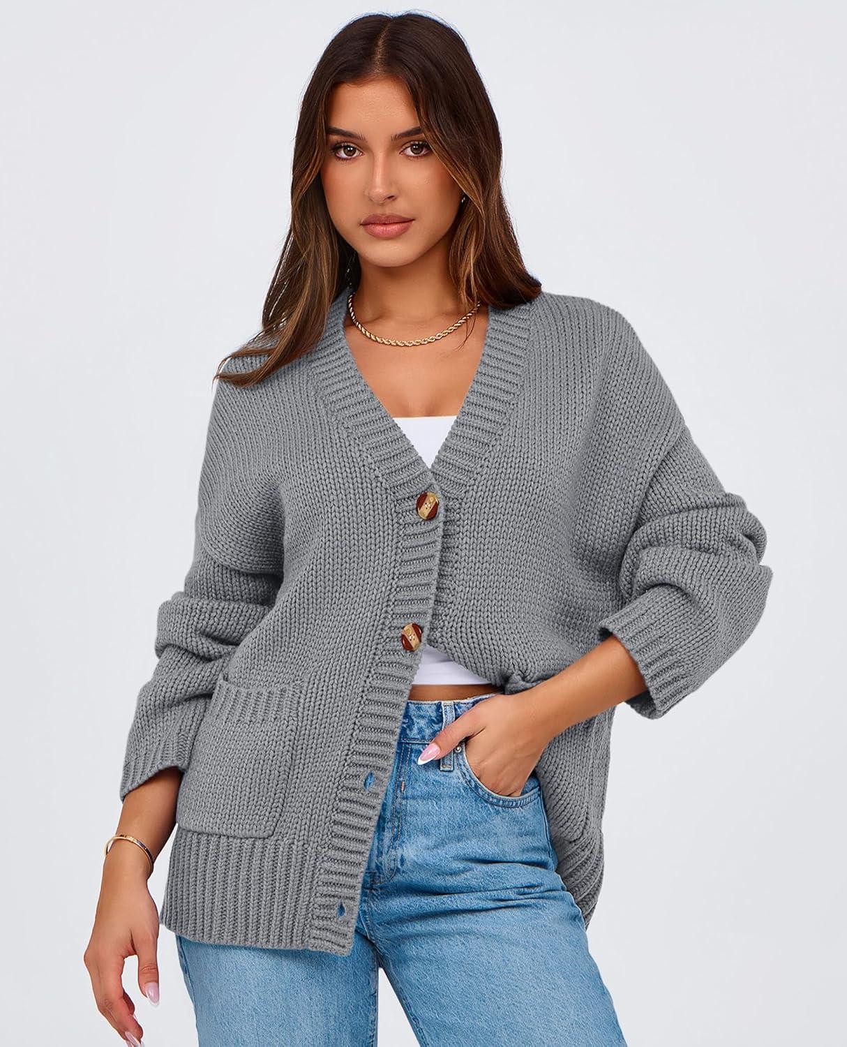 imagePRETTYGARDEN Womens 2025 Fall Cardigan Sweaters Long Sleeve Open Front Button Up V Neck Knit Winter Fashion ClothesGrey