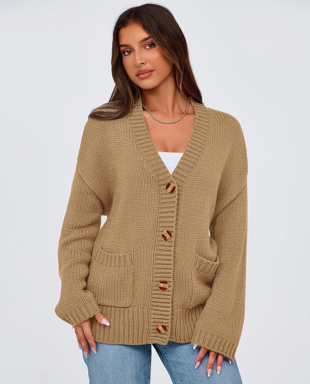 imagePRETTYGARDEN Womens 2025 Fall Cardigan Sweaters Long Sleeve Open Front Button Up V Neck Knit Winter Fashion ClothesKhaki