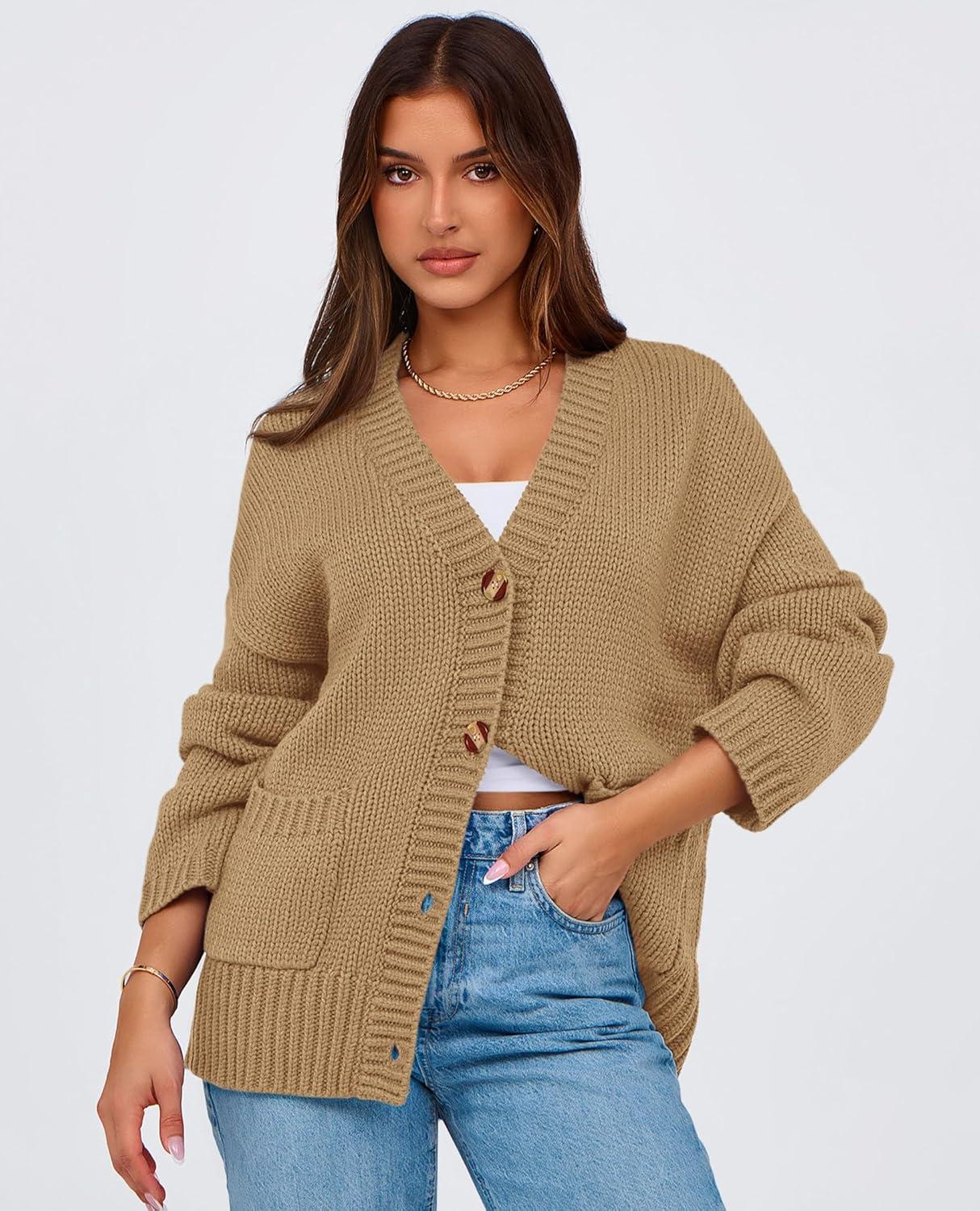 imagePRETTYGARDEN Womens 2025 Fall Cardigan Sweaters Long Sleeve Open Front Button Up V Neck Knit Winter Fashion ClothesKhaki