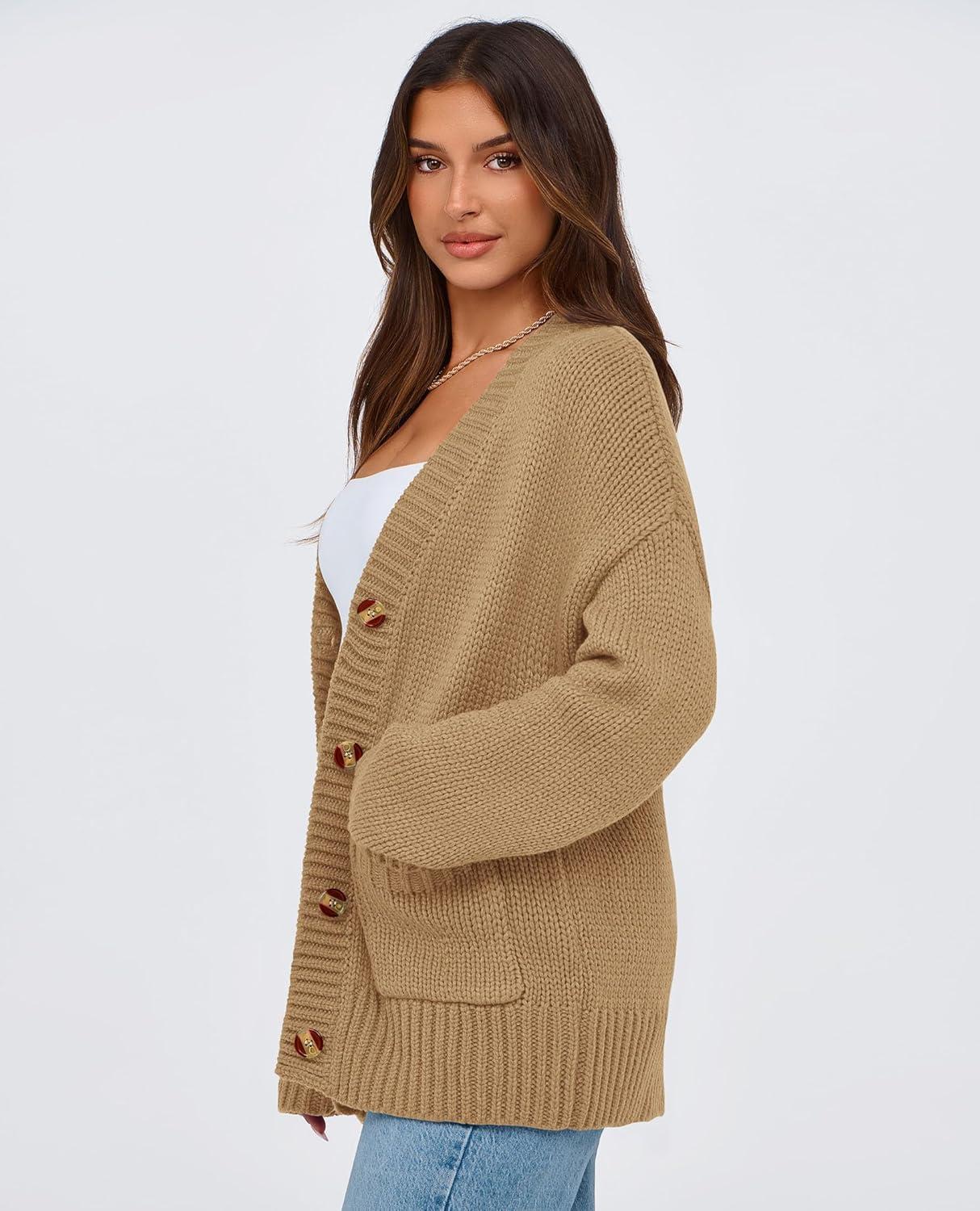 imagePRETTYGARDEN Womens 2025 Fall Cardigan Sweaters Long Sleeve Open Front Button Up V Neck Knit Winter Fashion ClothesKhaki
