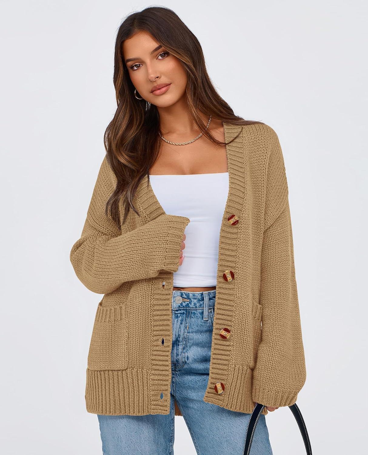 imagePRETTYGARDEN Womens 2025 Fall Cardigan Sweaters Long Sleeve Open Front Button Up V Neck Knit Winter Fashion ClothesKhaki