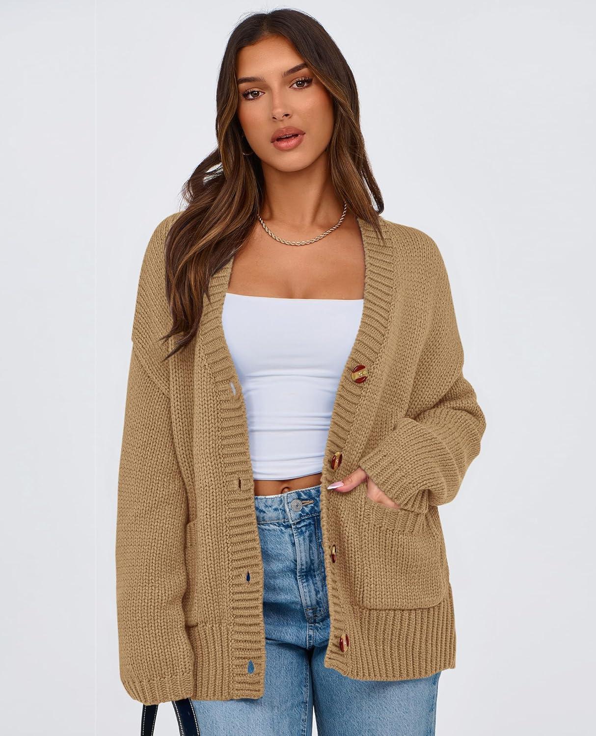imagePRETTYGARDEN Womens 2025 Fall Cardigan Sweaters Long Sleeve Open Front Button Up V Neck Knit Winter Fashion ClothesKhaki