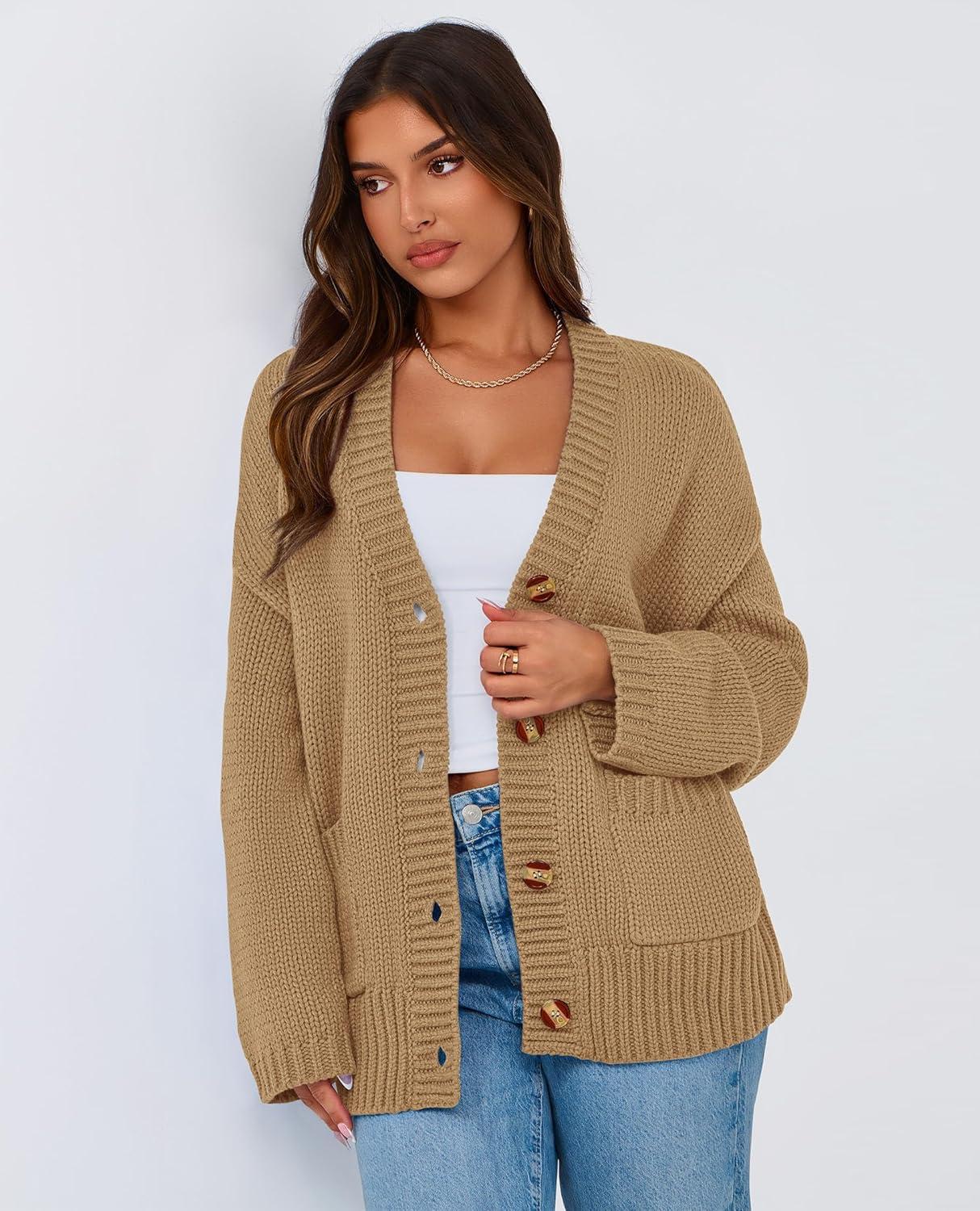 imagePRETTYGARDEN Womens 2025 Fall Cardigan Sweaters Long Sleeve Open Front Button Up V Neck Knit Winter Fashion ClothesKhaki