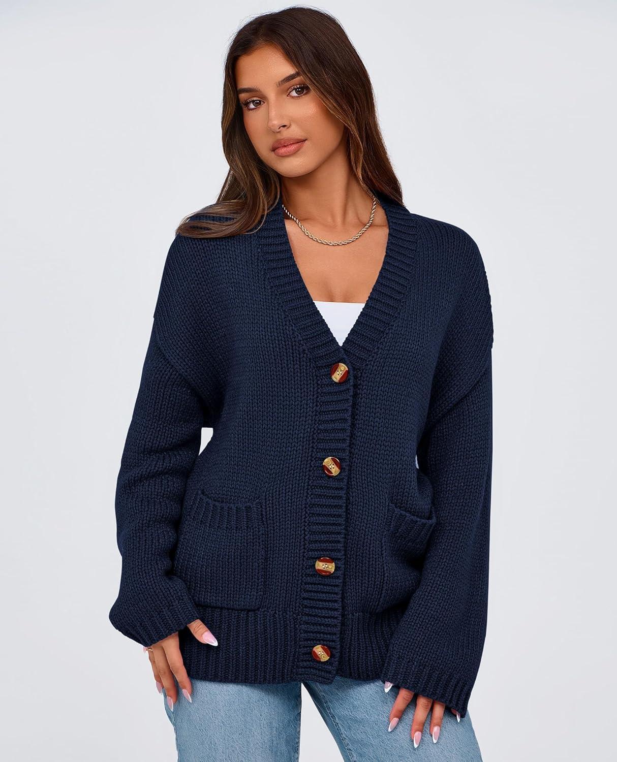 imagePRETTYGARDEN Womens 2025 Fall Cardigan Sweaters Long Sleeve Open Front Button Up V Neck Knit Winter Fashion ClothesNavy