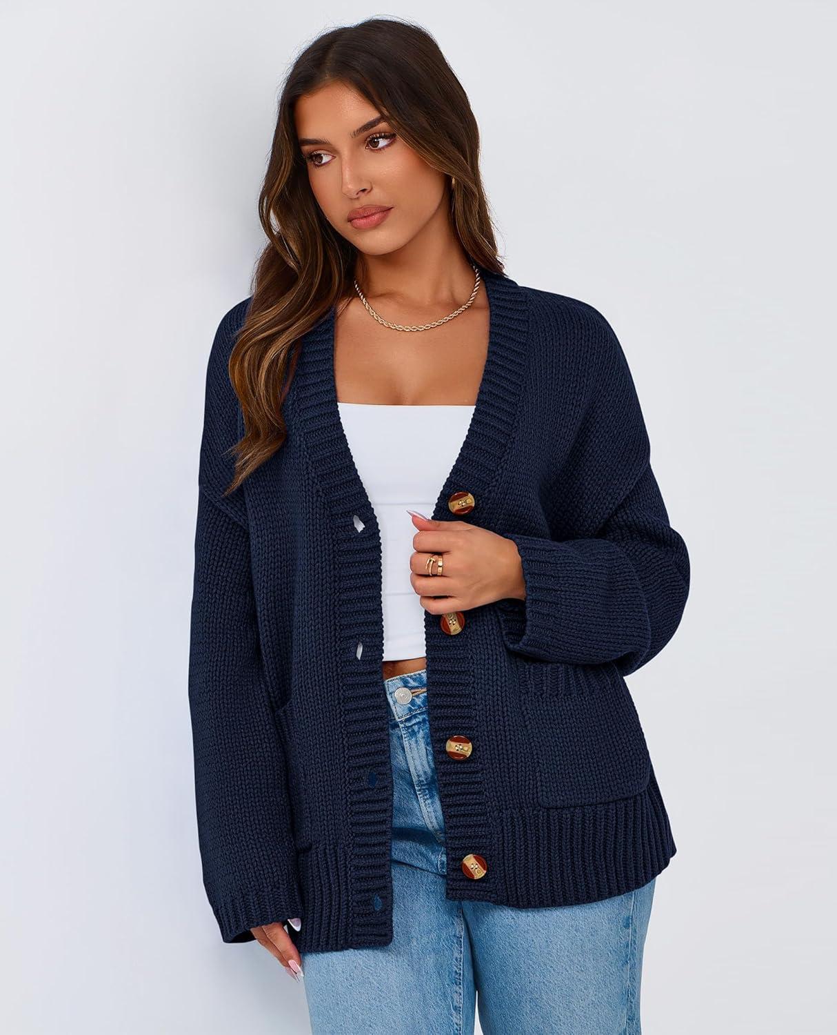 imagePRETTYGARDEN Womens 2025 Fall Cardigan Sweaters Long Sleeve Open Front Button Up V Neck Knit Winter Fashion ClothesNavy