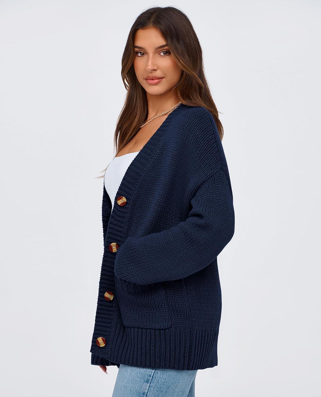 imagePRETTYGARDEN Womens 2025 Fall Cardigan Sweaters Long Sleeve Open Front Button Up V Neck Knit Winter Fashion ClothesNavy