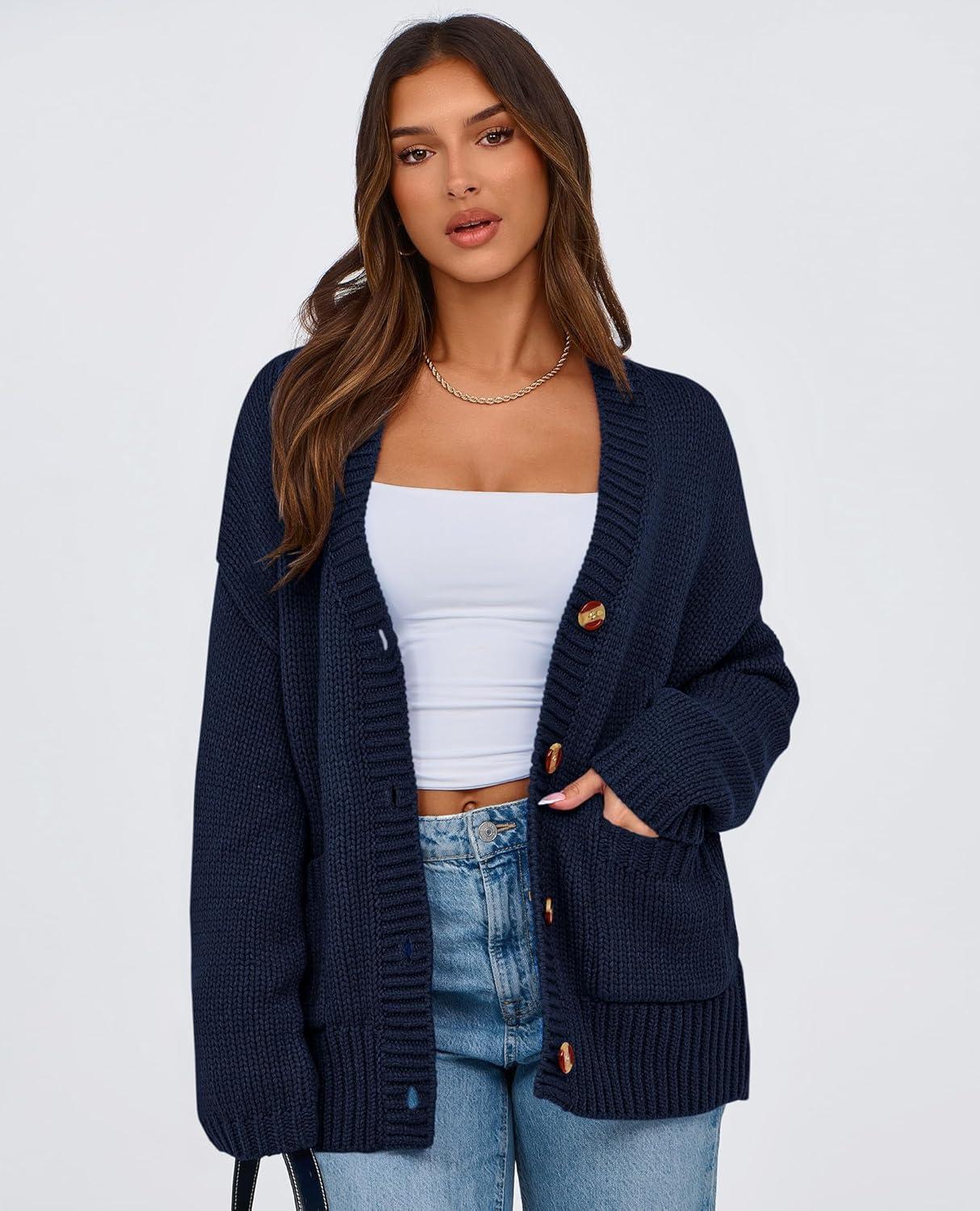 imagePRETTYGARDEN Womens 2025 Fall Cardigan Sweaters Long Sleeve Open Front Button Up V Neck Knit Winter Fashion ClothesNavy