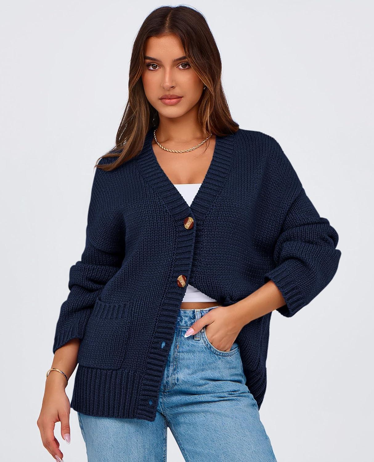 imagePRETTYGARDEN Womens 2025 Fall Cardigan Sweaters Long Sleeve Open Front Button Up V Neck Knit Winter Fashion ClothesNavy