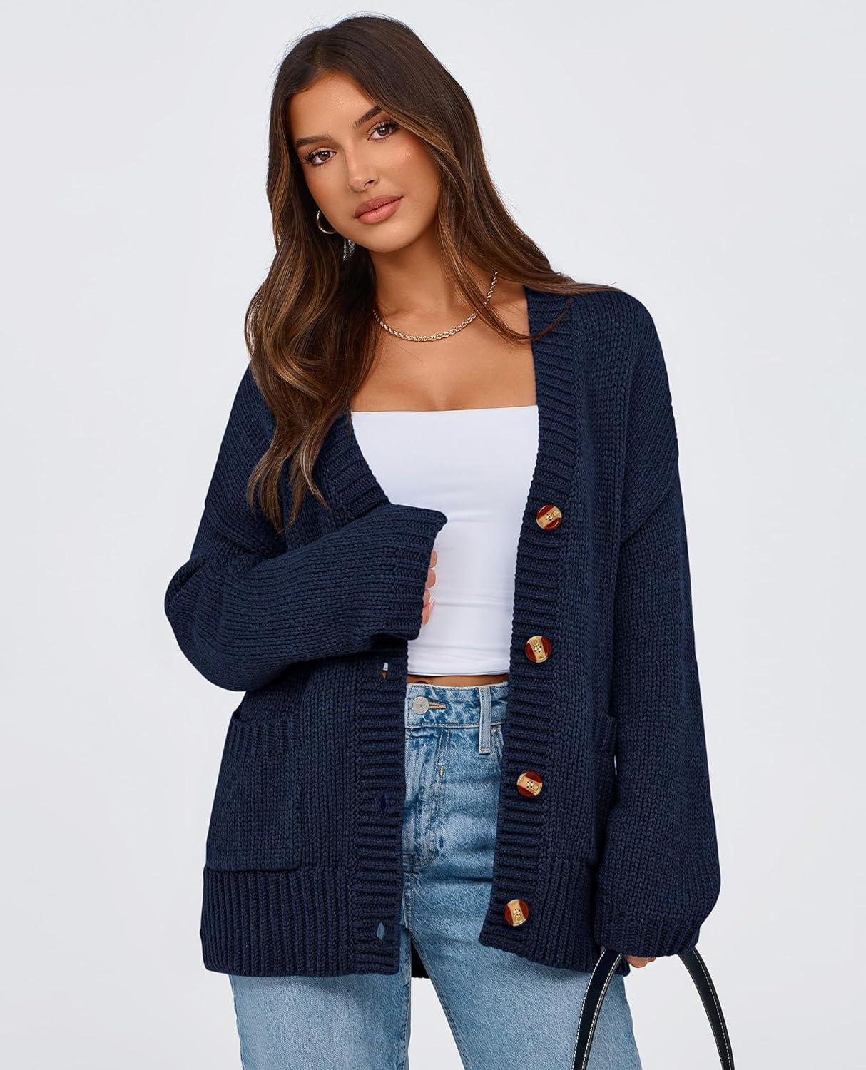 imagePRETTYGARDEN Womens 2025 Fall Cardigan Sweaters Long Sleeve Open Front Button Up V Neck Knit Winter Fashion ClothesNavy