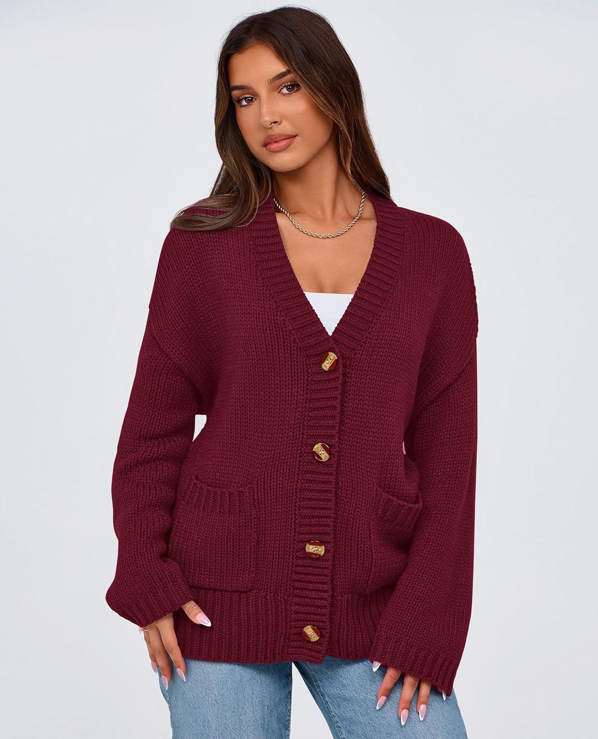 imagePRETTYGARDEN Womens 2025 Fall Cardigan Sweaters Long Sleeve Open Front Button Up V Neck Knit Winter Fashion ClothesWine Red