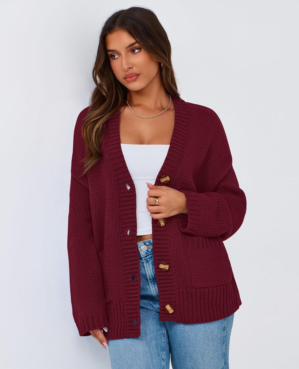 imagePRETTYGARDEN Womens 2025 Fall Cardigan Sweaters Long Sleeve Open Front Button Up V Neck Knit Winter Fashion ClothesWine Red