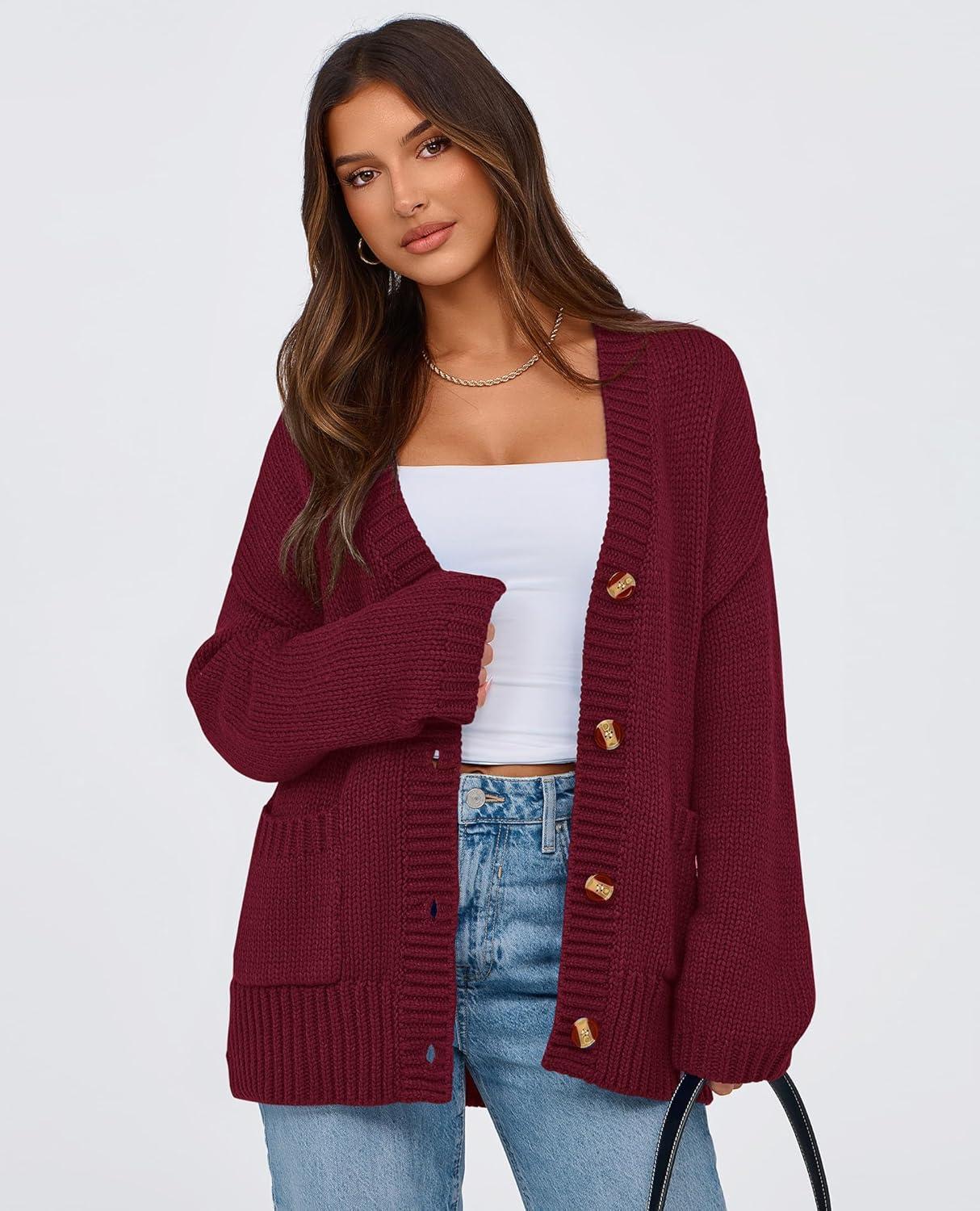 imagePRETTYGARDEN Womens 2025 Fall Cardigan Sweaters Long Sleeve Open Front Button Up V Neck Knit Winter Fashion ClothesWine Red