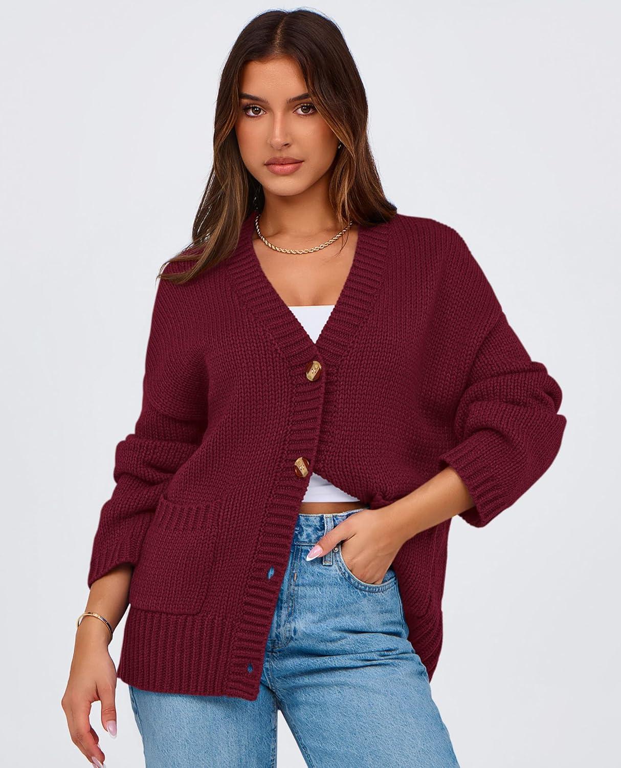 imagePRETTYGARDEN Womens 2025 Fall Cardigan Sweaters Long Sleeve Open Front Button Up V Neck Knit Winter Fashion ClothesWine Red