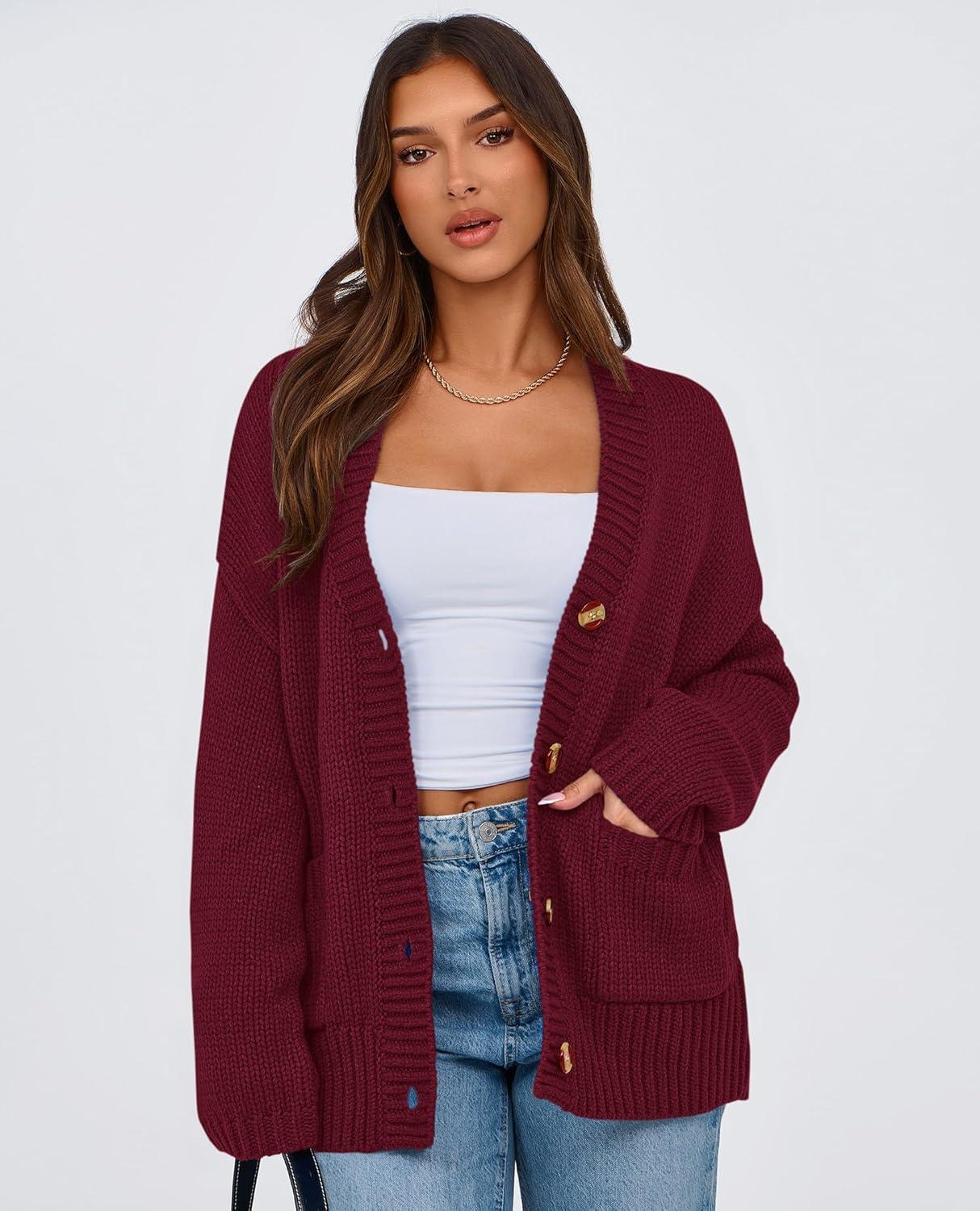 imagePRETTYGARDEN Womens 2025 Fall Cardigan Sweaters Long Sleeve Open Front Button Up V Neck Knit Winter Fashion ClothesWine Red