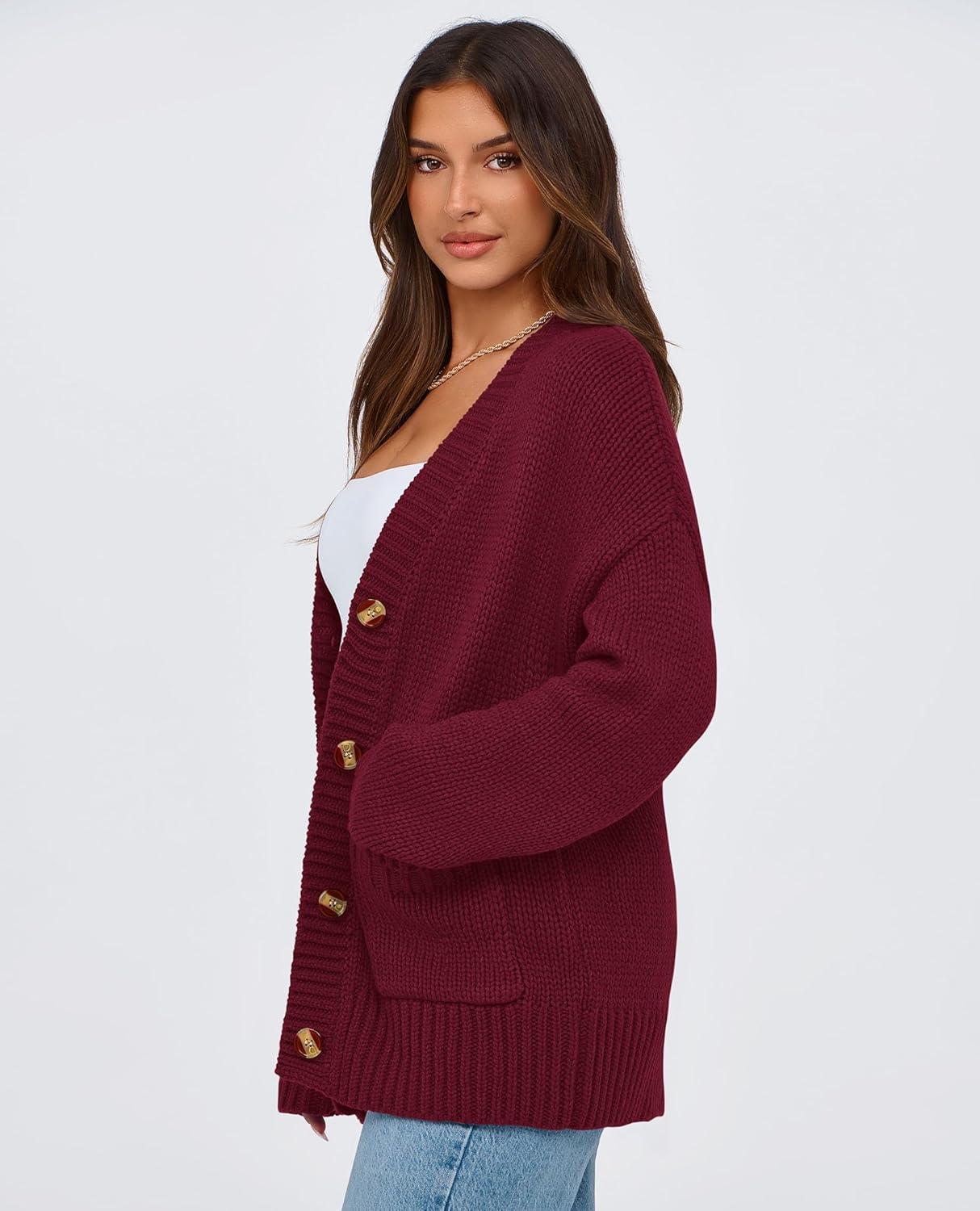 imagePRETTYGARDEN Womens 2025 Fall Cardigan Sweaters Long Sleeve Open Front Button Up V Neck Knit Winter Fashion ClothesWine Red