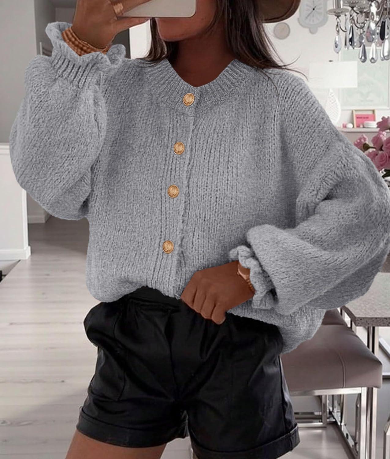 imagePRETTYGARDEN Womens Cropped Cardigans Trendy 2025 Ruffle Open Front Chunky Knit Sweater Oversized Button Down Fall ClothesGrey