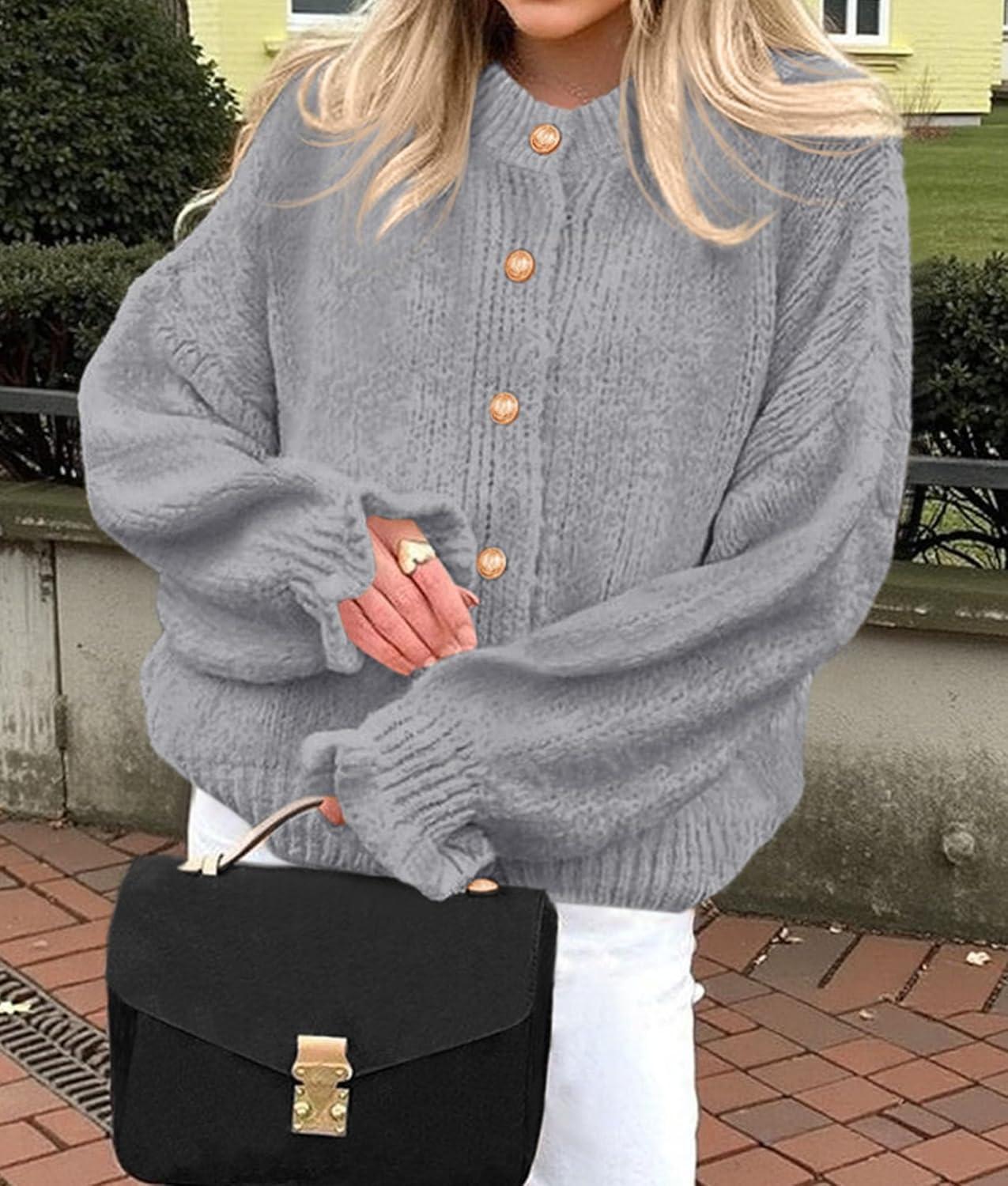imagePRETTYGARDEN Womens Cropped Cardigans Trendy 2025 Ruffle Open Front Chunky Knit Sweater Oversized Button Down Fall ClothesGrey
