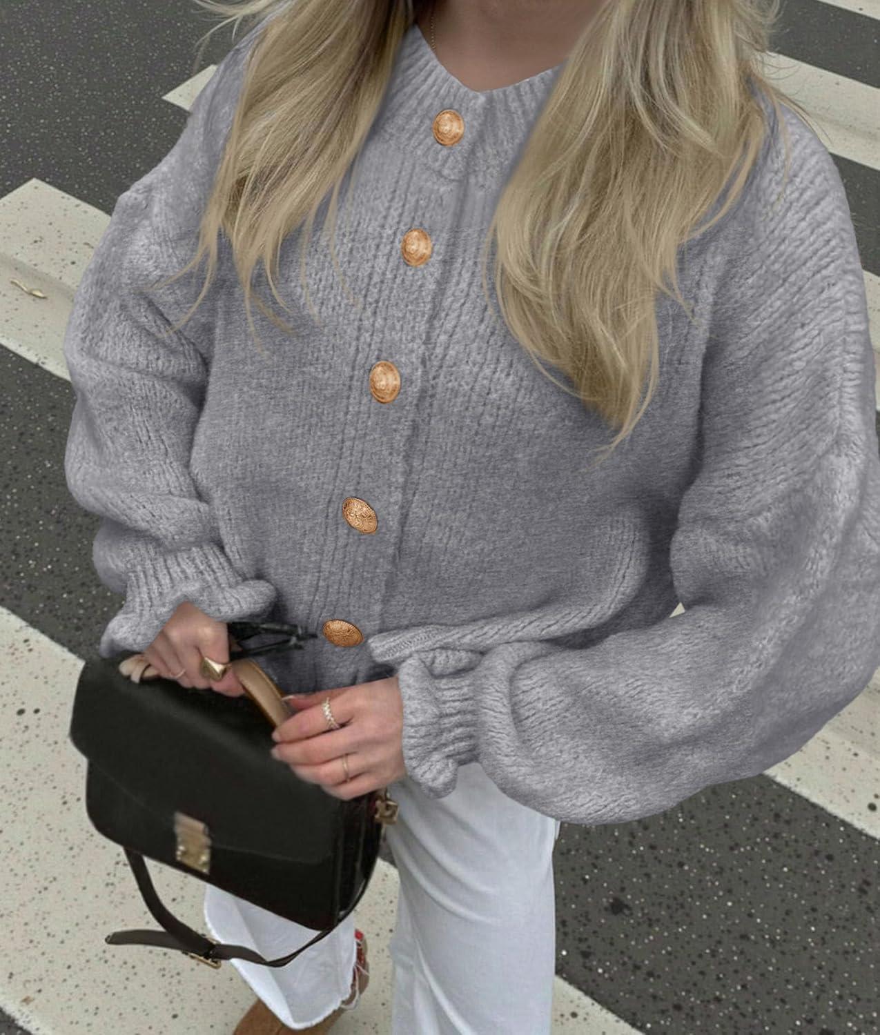 imagePRETTYGARDEN Womens Cropped Cardigans Trendy 2025 Ruffle Open Front Chunky Knit Sweater Oversized Button Down Fall ClothesGrey