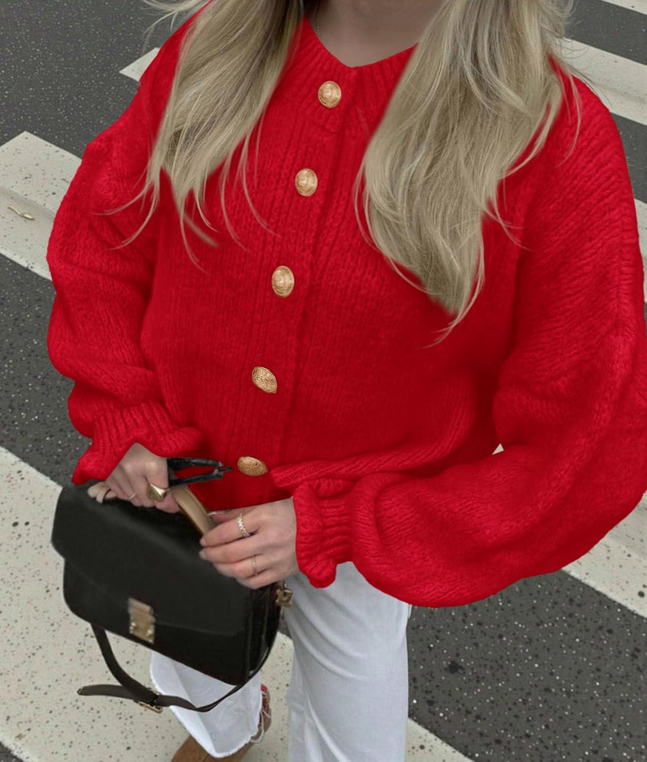 imagePRETTYGARDEN Womens Cropped Cardigans Trendy 2025 Ruffle Open Front Chunky Knit Sweater Oversized Button Down Fall ClothesRed