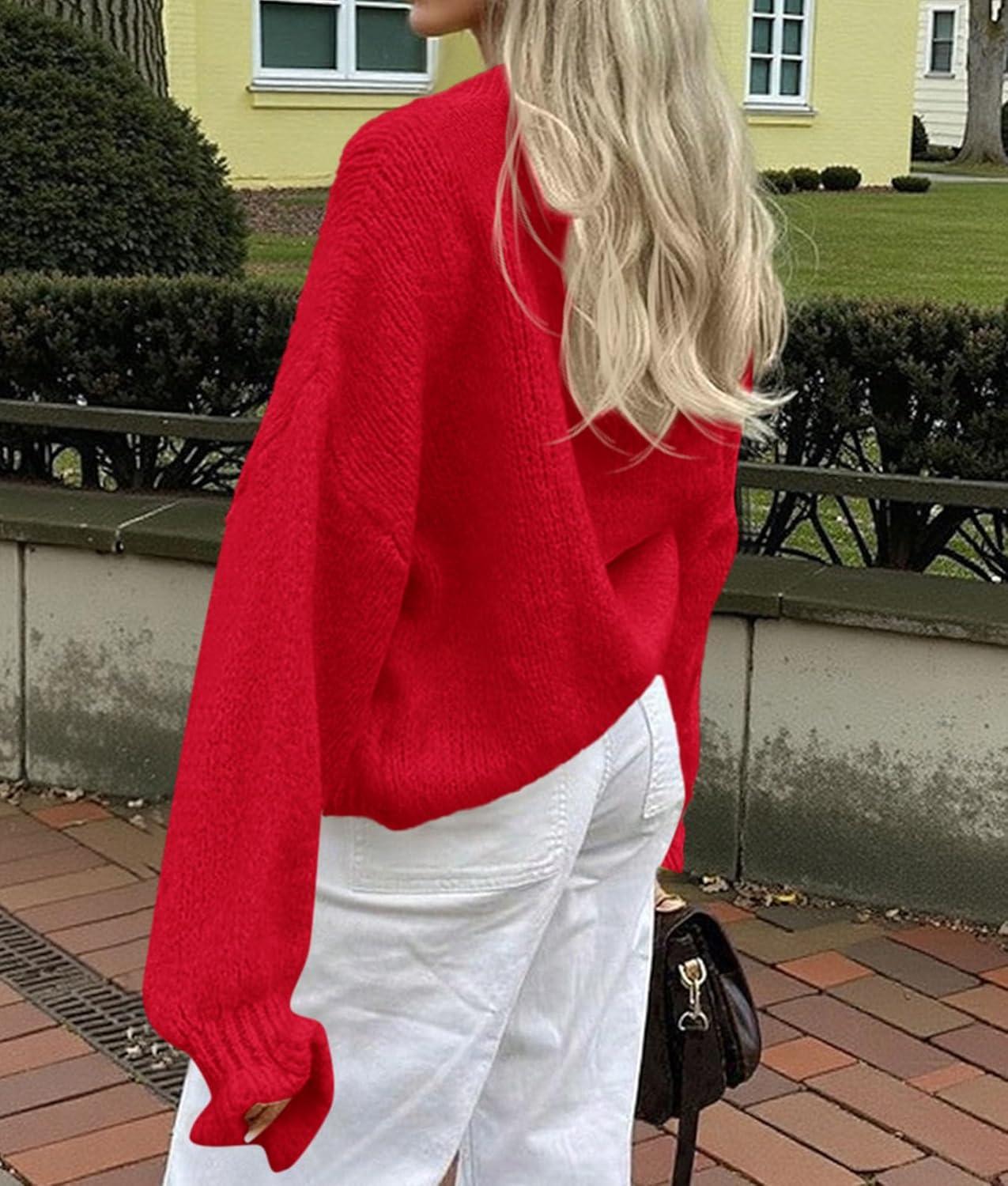 imagePRETTYGARDEN Womens Cropped Cardigans Trendy 2025 Ruffle Open Front Chunky Knit Sweater Oversized Button Down Fall ClothesRed