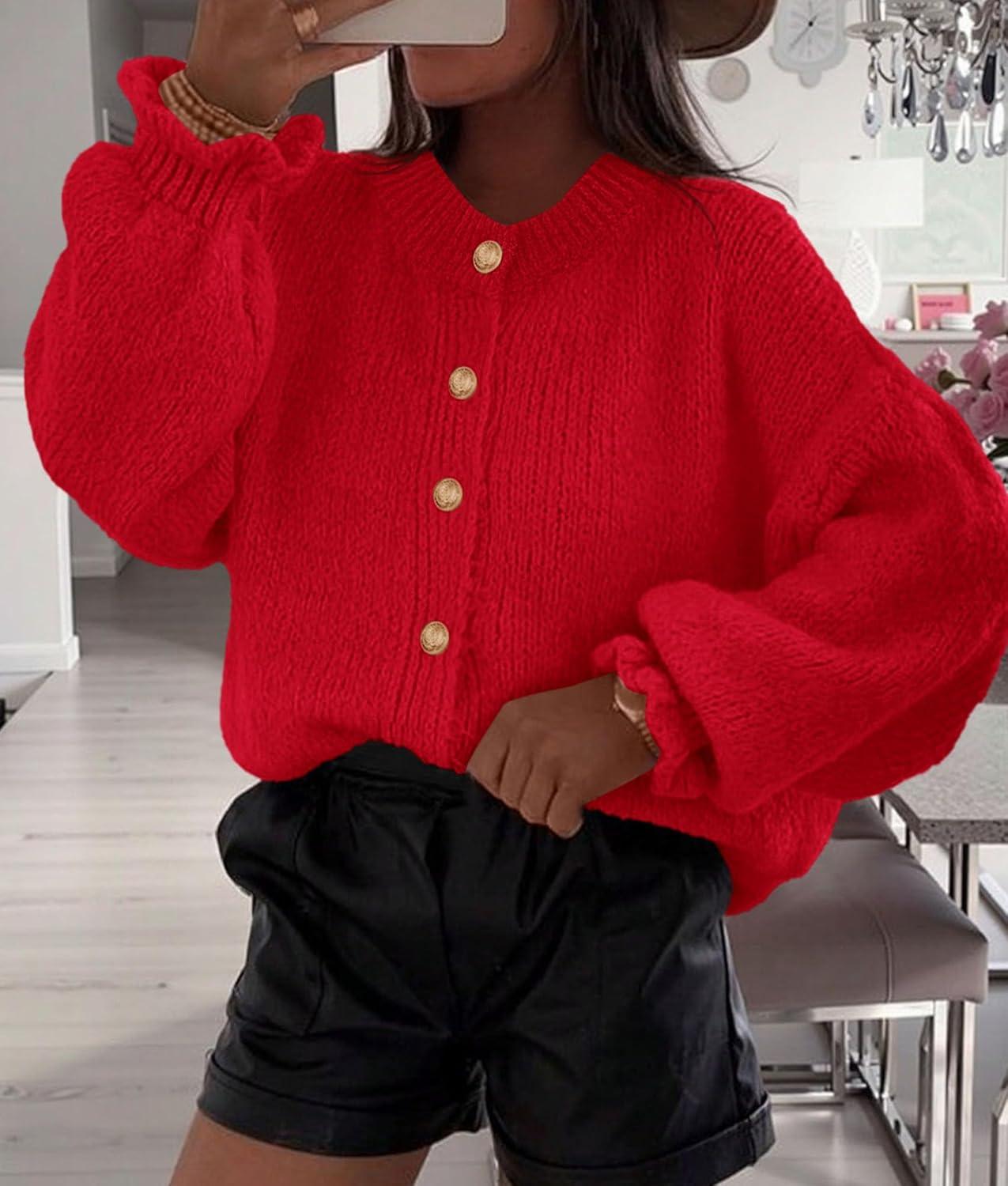 imagePRETTYGARDEN Womens Cropped Cardigans Trendy 2025 Ruffle Open Front Chunky Knit Sweater Oversized Button Down Fall ClothesRed
