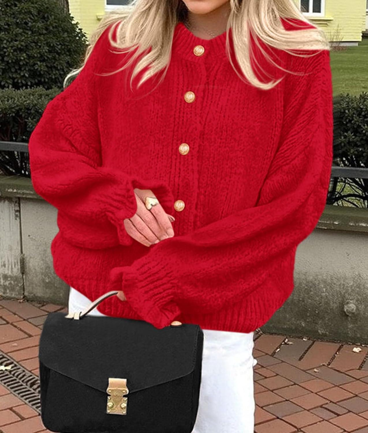 imagePRETTYGARDEN Womens Cropped Cardigans Trendy 2025 Ruffle Open Front Chunky Knit Sweater Oversized Button Down Fall ClothesRed