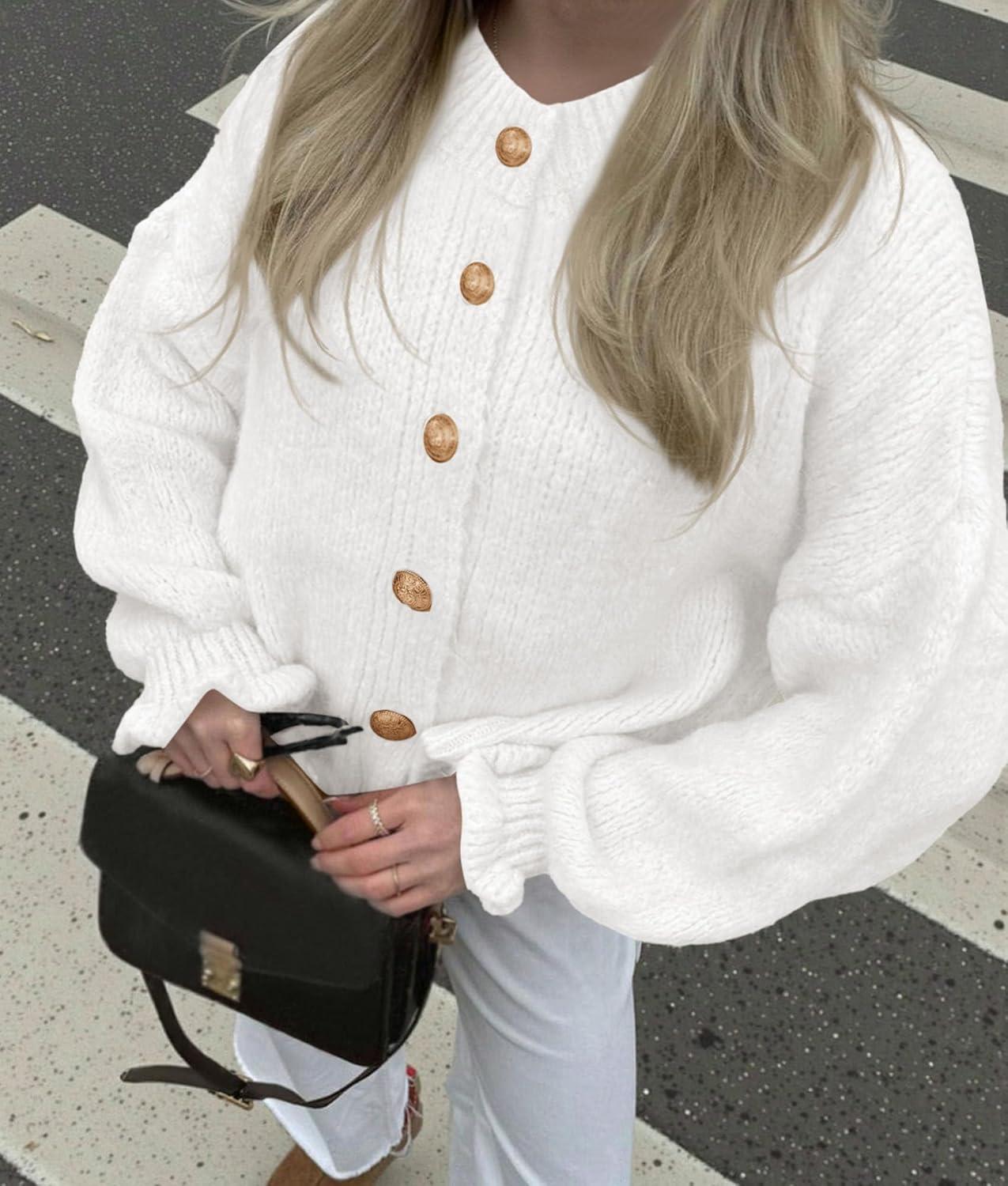 imagePRETTYGARDEN Womens Cropped Cardigans Trendy 2025 Ruffle Open Front Chunky Knit Sweater Oversized Button Down Fall ClothesWhite