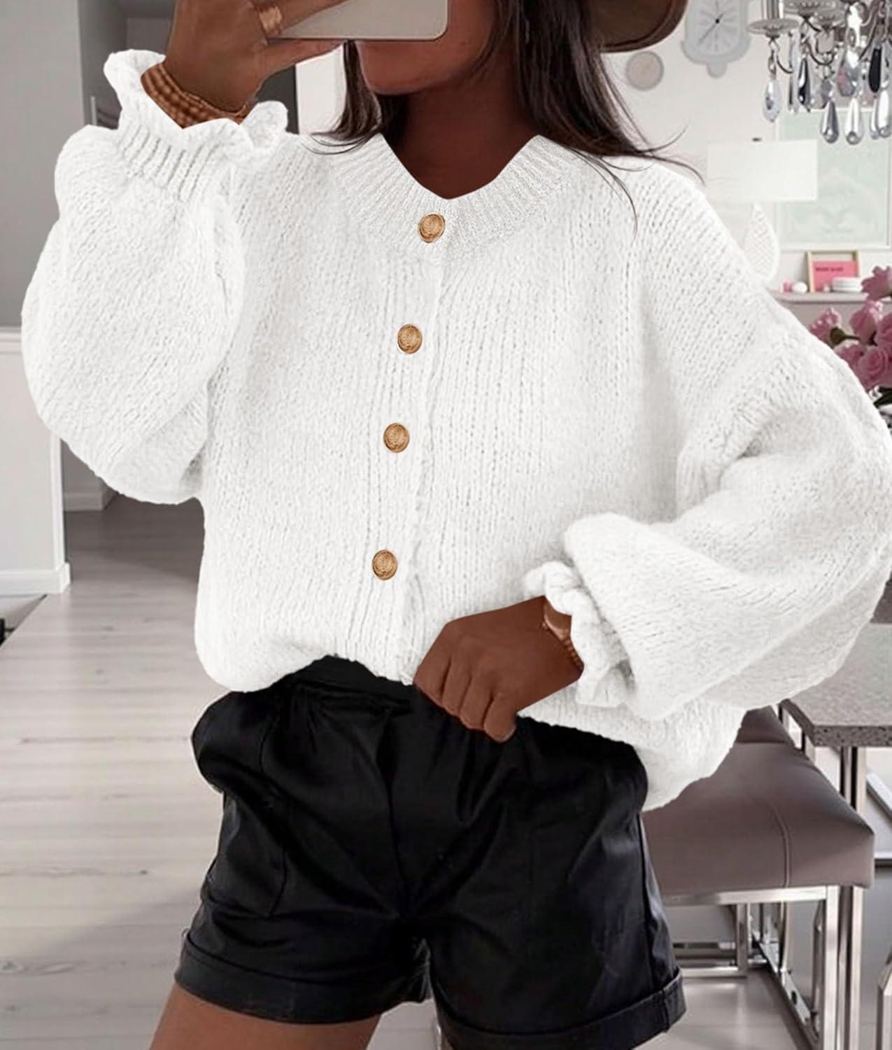 imagePRETTYGARDEN Womens Cropped Cardigans Trendy 2025 Ruffle Open Front Chunky Knit Sweater Oversized Button Down Fall ClothesWhite