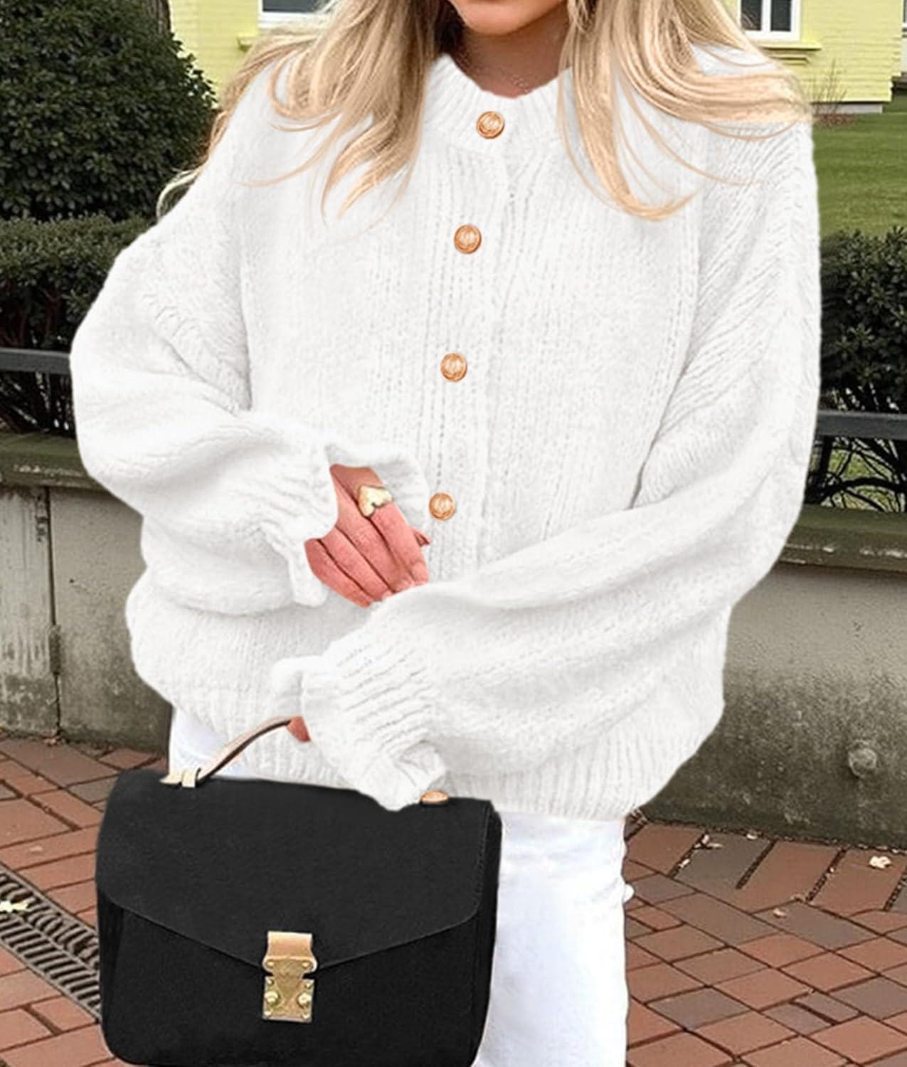 imagePRETTYGARDEN Womens Cropped Cardigans Trendy 2025 Ruffle Open Front Chunky Knit Sweater Oversized Button Down Fall ClothesWhite