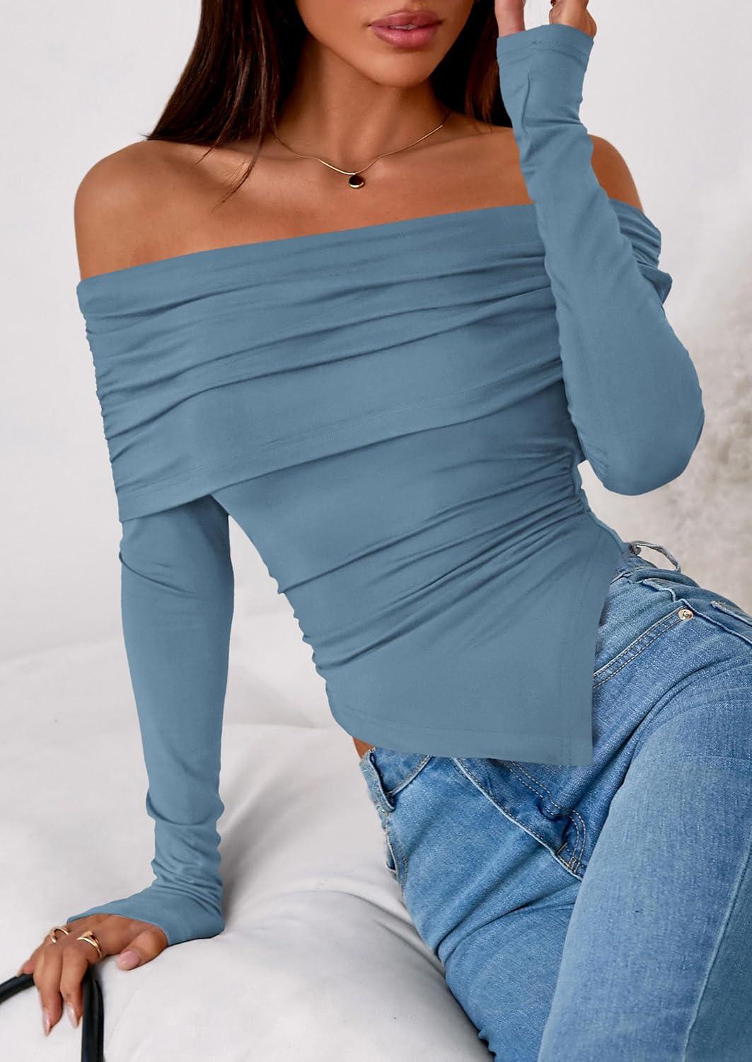 imagePRETTYGARDEN Womens Long Sleeve Shirts Off Shoulder Tops Going Out Slim Fitted Y2K Blouses 2025 Fall Fashion ClothesGrey Blue