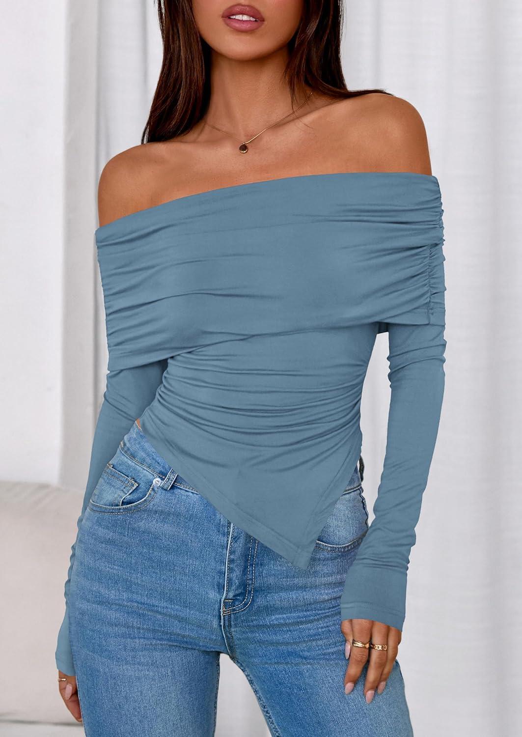 imagePRETTYGARDEN Womens Long Sleeve Shirts Off Shoulder Tops Going Out Slim Fitted Y2K Blouses 2025 Fall Fashion ClothesGrey Blue